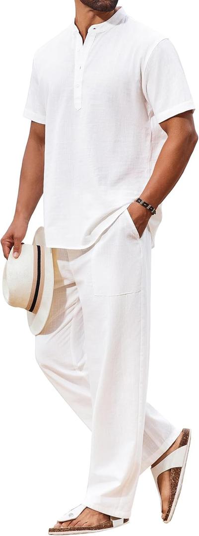 COOFANDY Men's 2 Piece Cotton Sets Casual Short Sleeve Henley Shirts and Beach Pants with Pockets Summer Vacation Outfits (Medium)
