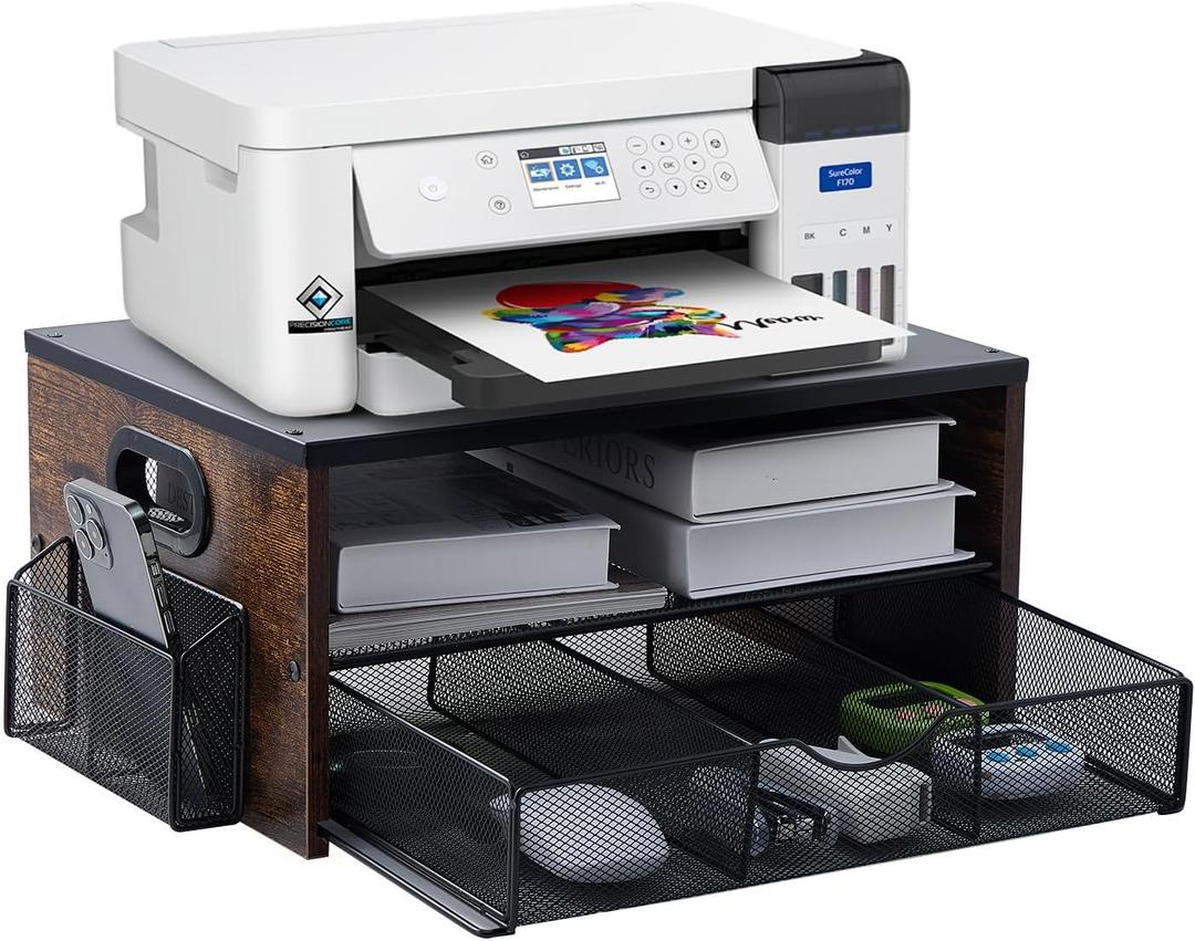 Printer Stand,Desktop Printer Stand with 2-Tier Storage Shelves for Home OfficeDesk Organizer with Drawer and 2 Pen Holders for Fax Machine Scanner Files