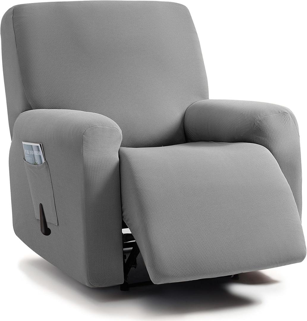 ULTICOR Jacquard Design, 4-Piece, 1 Seat Recliner Cover, Reclining Chair Covers for 1 Cushion Reclining Sofa, Single Seat Recliner Couch Cover, Washable (Light Grey, Recliner Cover)