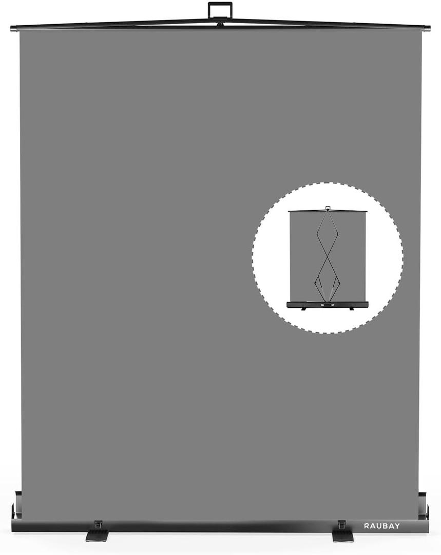 Easy Set-Up RAUBAY 59.8 x 82.7in Collapsible Gray Backdrop Screen Portable Retractable Panel Photo Grey Background with Stand for Video Conference, Photographic Studio, Streaming