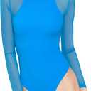 PUMIEY Mesh Long Sleeve Bodysuit for Women Crew Neck Body Suits Sexy Sheer Tops Smoke Cloud Collection (Pool)