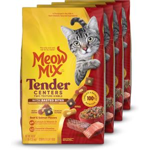 Meow Mix Tender Centers Basted Bites Dry Cat Food, Beef & Salmon Flavors, 3 Pound (Pack of 4), Crunchy Outside Meaty Inside, BB Date 03/02/27
