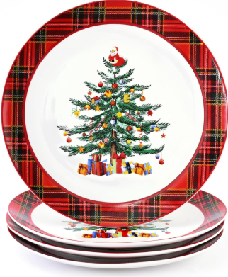 Homlouue Ceramic Christmas Tree Dinner Plates, Christmas Plates Set of 4, Ceramic Christmas Plates, Dinner, Dessert, Salad, Pasta and Appetizer Plate, Christmas Tree and Santa Plate, Red Plaid, 10.5''