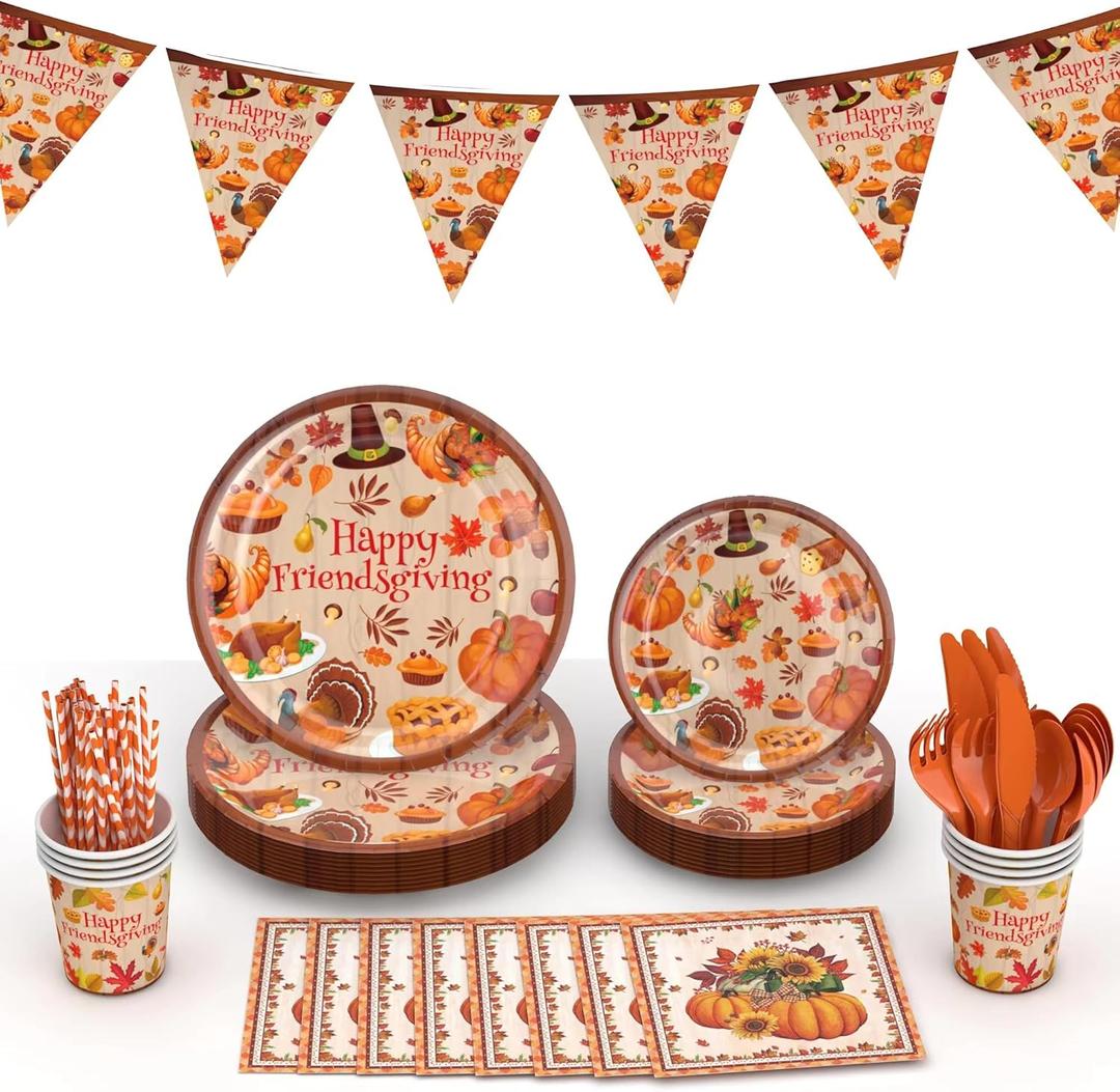 Friendsgiving Party Decorations,Friendsgiving Decorations Plates and Cups Napkins, Thanksgiving Party Decorations, Happy Friendsgiving Party Banner Decorations (happy friendsgiving Plates Cups)