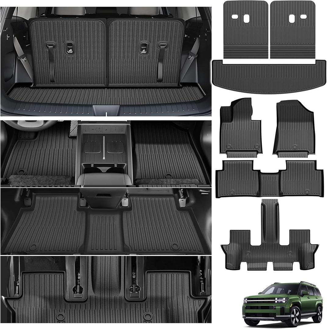 Powerty Floor Car Mat for Hyundai Santa Fe 2024 2025 2026, All Weather TPE Custom Trunk Cargo Mat Liner with Backrest Mat Replacement for Hyundai Santa Fe 6/7-seater Accessories (Include Hybrid&Gas)