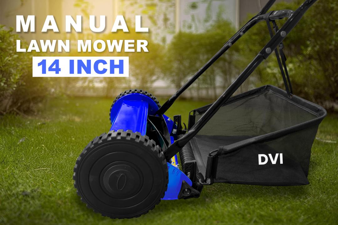 Dvi Manual Push Lawn Mower with 28L Premium Grass Catcher | 14-Inch Reel Push Grass Cutter Machine with 5-Position Height Adjustment with 5 Steel Resharpable Blades for Home, Garden and Yard.