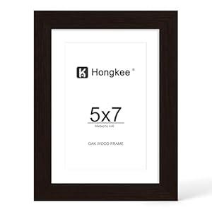 Hongkee 5x7 Oak Wood Picture Frame, Display Photos 4 x 6 with Mat or 5 x 7 without Mat - Tempered Glass Cover, Horizontal and Vertical Display for Wall or Tabletop (Black, Set of 1)