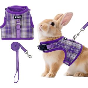 AIITLE Breathable Rabbit Harness and Leash Set - Plaid Pattern Padded Vest with Magic Tape Design, Dual D-Rings, Adjustable for Small Animal Pets, Indoor Outdoor Training Camping, Purple M