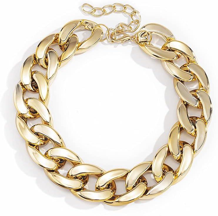 Punk Cuban Link Chain Choker Necklace Plastic Chunky Curb Chain Necklace Chic Layered Clavicle Necklace Hiphop Accessories for Women and Girls (Gold)