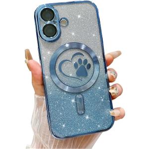 for iPhone 16 Case, Glitter Clear Cute Paw Love Heart, Compatible with MagSafe, Strong Magnetic Full Camera Lens Protection Cover, Soft Slim Bling Phone Case 6.1" - Blue