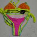 Bikini Sets for Women Floral Two Piece Bathing Suit V Neck Shell Stitched Swimsuit Tie Side Triangle Swimwear (Small, Orange and Pink Color Block)