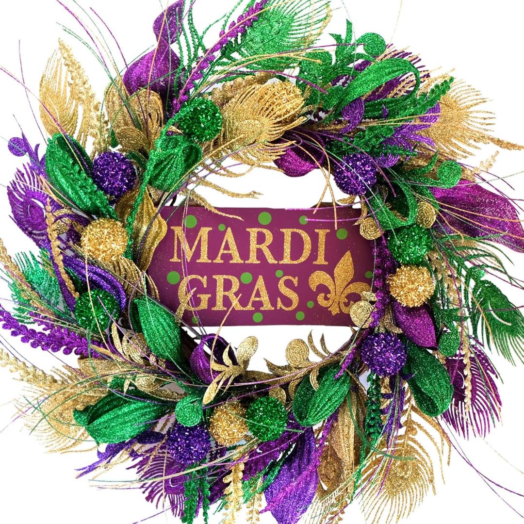 TEMPUS 20 inch Mardi Gras Purple and Green Glitter Wreath for Carnival Front Door and Party Decorations, Mardi Gras Party Home Decor Wreath with Mardi Gras Sign, Indoor and Outdoor Glitter Party Wreat