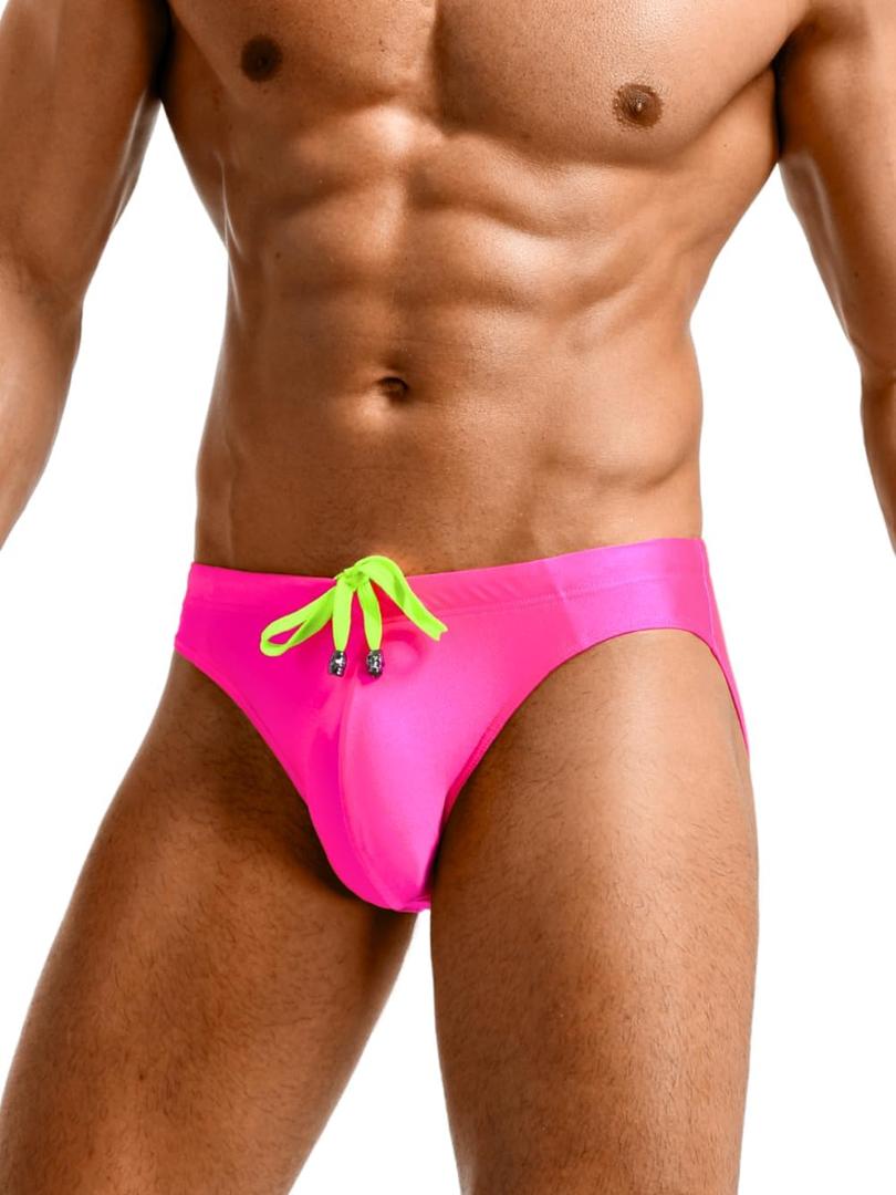 Mens Swim Briefs Sexy Underwear, Neon Drawstring Bikini Swimwear Pool Party, Micro Thong Swimsuit Beach Tan Through (Medium)