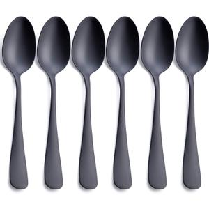 Matte Black Dinner Spoon, GoGeiLi Stainless Steel Satin Finish 7.8-inch Silverware Flatware Spoon Set, Service for 6, Dishwasher Safe