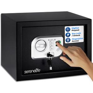 SereneLife Electronic Fingerprint Safe | Heavy Duty Money Safebox | Digital Touch Pad Lockbox with Code & 2 Keys | Small Safe Box for Home or Office, Secure Cash, Firearms | 13.8 x 9.8 Black