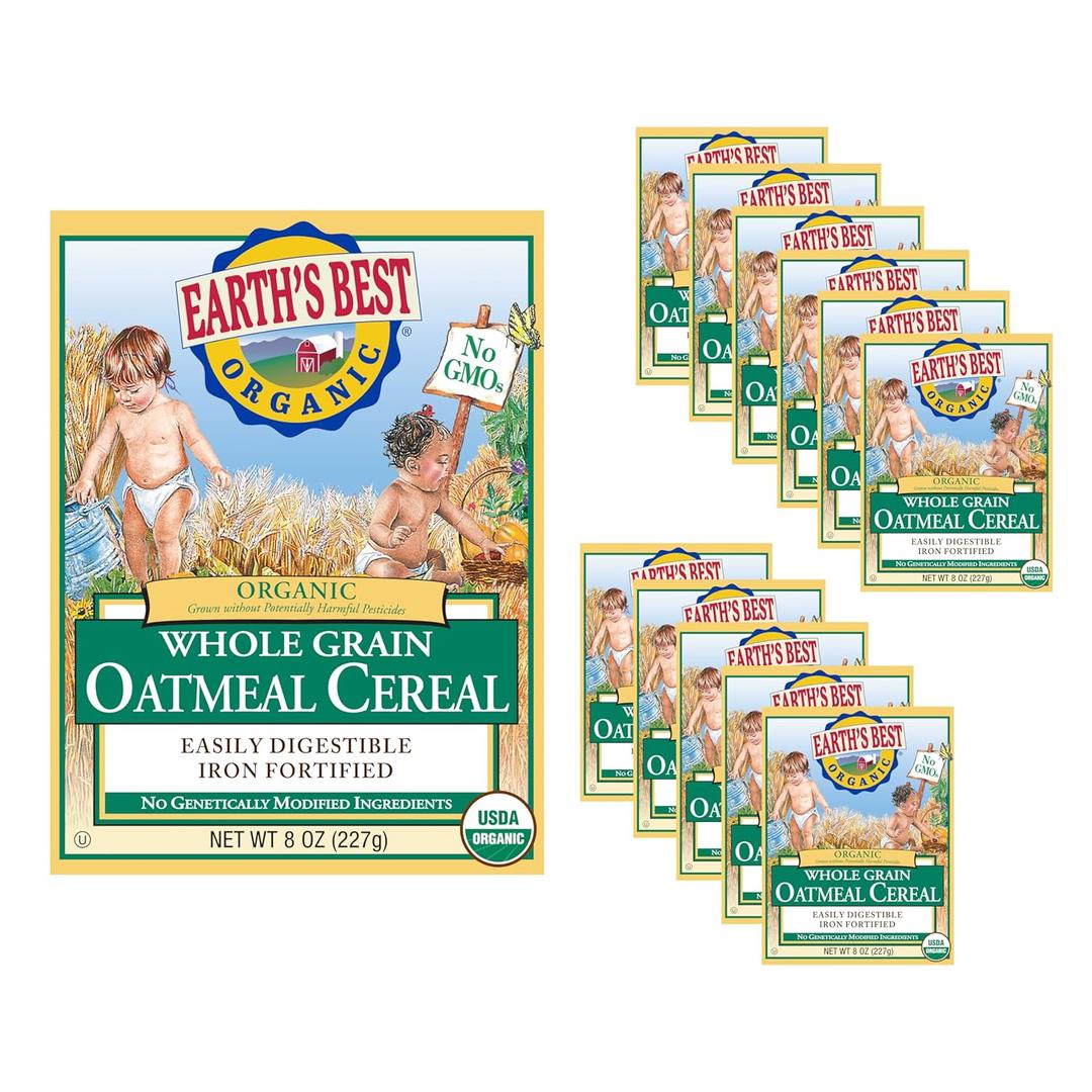 Earth's Best Organic Baby Food, Organic Whole Grain Oatmeal Baby Cereal, Non-GMO, Easily Digestible and Iron Fortified Baby Food, 8 oz Box (Pack of 12), Best Before 05 March 2026 