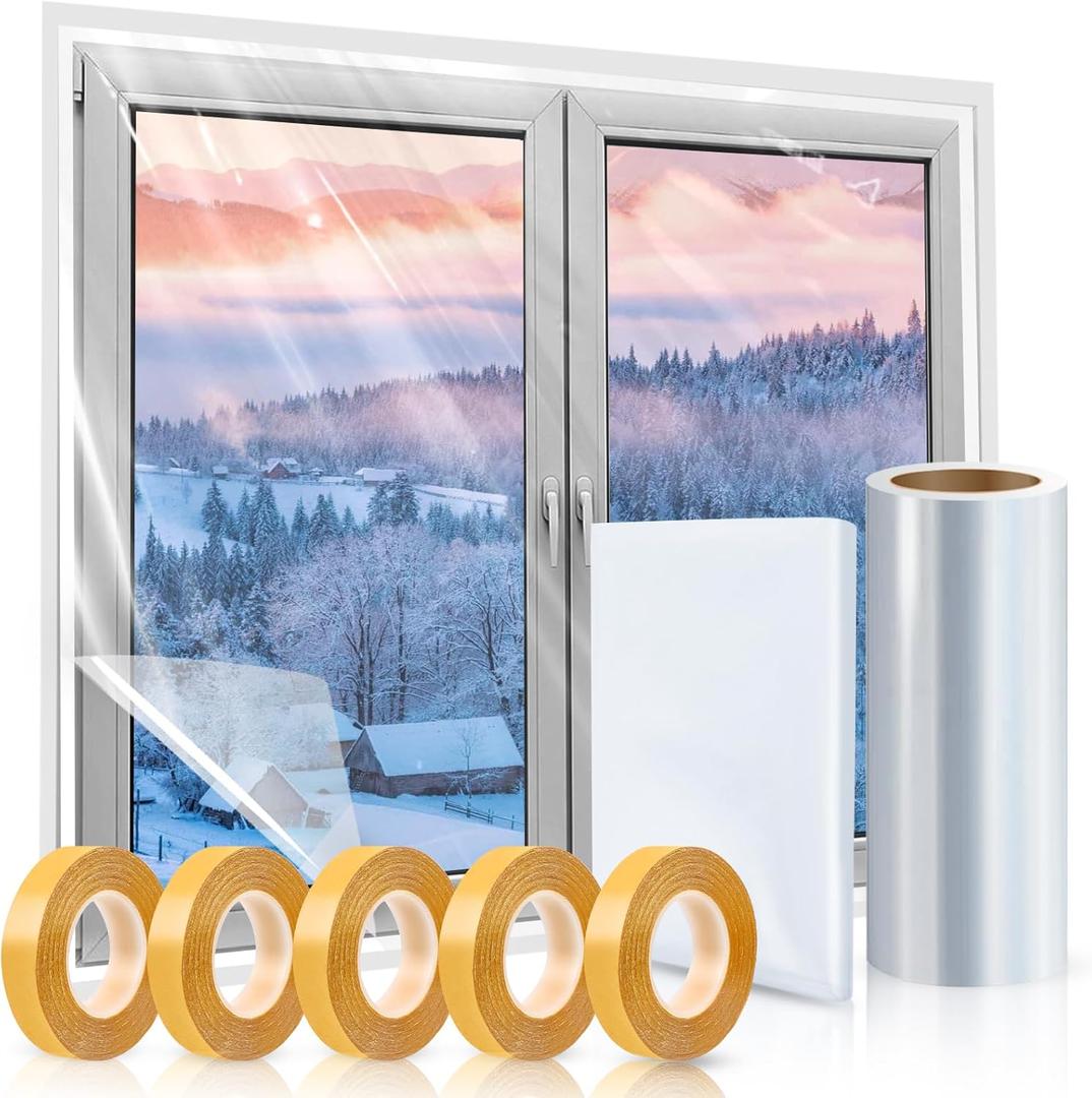 Window Insulation Kit, 63  394 Inch and 87 x 110 inch Plastic Window Covering for Winter, Window Insulation Film Window Wrap Insulation Windows Winterizing Kit with Double-Sided Tape