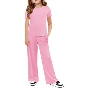 Haloumoning Girls 2 Piece Outfits Kids Short Sleeve Crewneck T-Shirts and Elastic Waist Drawstring Pants Clothing Sets (8-10 Years, Pink)