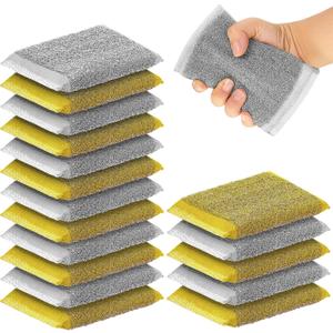 Thyle 12 Pack Steel Scrub Sponges for Dishes Non Scratch Scouring Sponge Multi Use Metal Scrubber Heavy Duty Dish Wash Kitchen Sponge for Pot Dish Washing Hard Surface Cleaning Tools (Gray,Yellow)