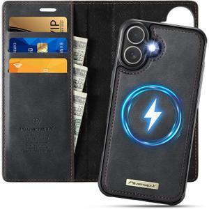 Wallet Case for iPhone 16 Plus Compatible with Magsafe, 2-in-1 PU Leather Flip RFID Blocking Card Holder Stand Shockproof Magnetic Detachable Cover for iPhone 16 Plus Case 6.7", Black