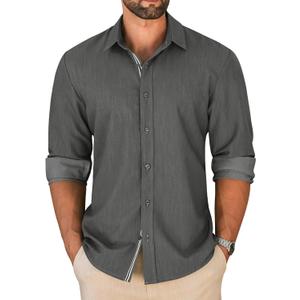 LETSEE Men's Button Down Dress Shirt Long Sleeve Untucked Business Casual Shirt Wrinkle Free Stretch Denim Texture (Black, S)