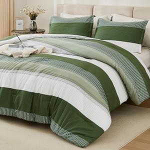 Litanika Olive Green Comforter Set King - 3 Pieces Lightweight Olive Green White Colorblock Stripe Fluffy Bedding Comforter Sets, All Season Bed Set