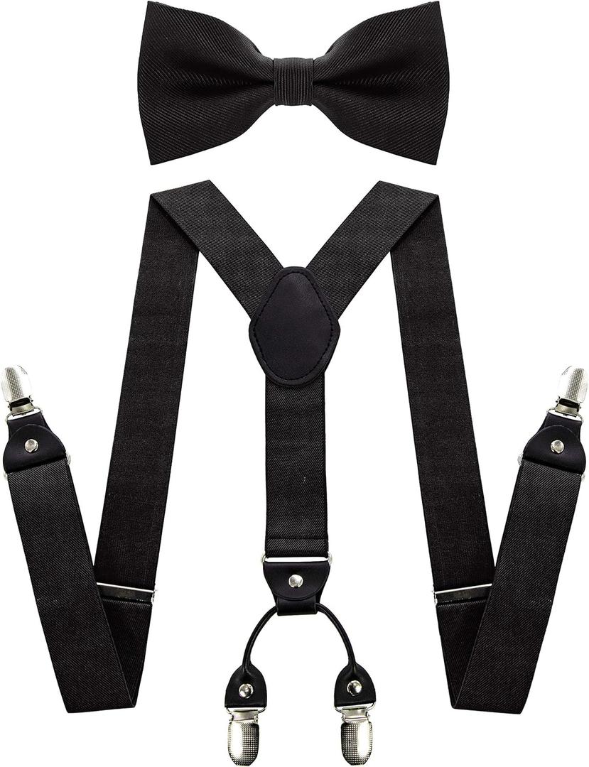 JEMYGINS Solid Color Suspender and Silk Bow Tie Sets for Men (Black)