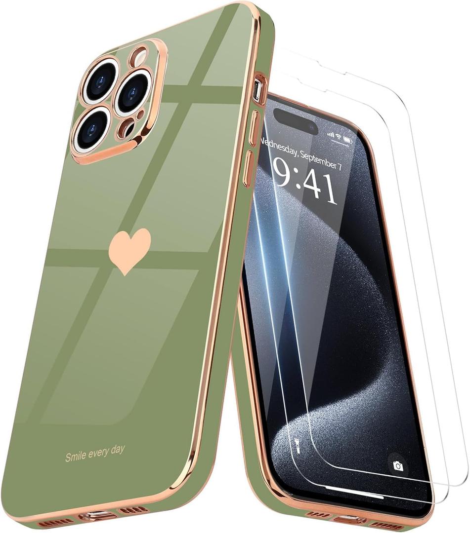 Teageo for iPhone 15 Pro Max Case with Screen Protector [2 Pack] Girl Women Cute Girly Love-Heart Luxury Gold Soft Cover Camera Protection Silicone Shockproof Phone Case iPhone 15 Pro Max, Light Green