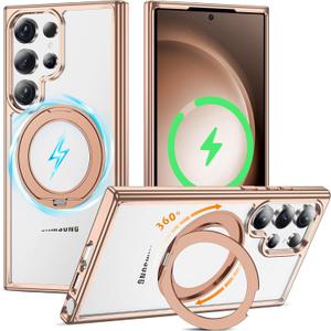 Compatible with Clear Samsung Galaxy S23 Ultra Case with 360 Invisible Magnetic Stand [Compatible with Mag-Safe] Shockproof Plating Phone Case for S23 Ultra 6.8'',Desert Gold