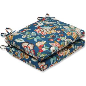 Pillow Perfect Floral Indoor/Outdoor Chair Seat Cushion with Ties Squared Corner, Plush Fiber Fill, Weather, and Fade Resistant, 16" x 18.5", Blue/Tan Telfair Peacock 2 Count