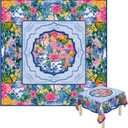 Mahjong Tablecloth 55" x 55" Mahjong Mat with Walls Left Play Right Indicators Pink Floral Blue Ginger Jar Design Mahj Table Cover for Mahj Beginners Card Board Tile Games Party Favor Supply