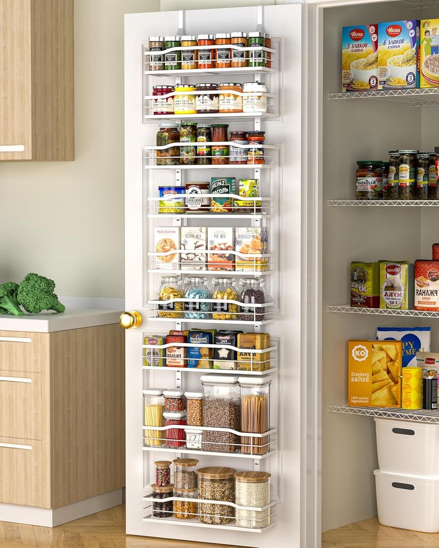 Moforoco White Narrow 9-Tier Over The Door Pantry Organizer, Pantry Organization and Storage, Metal Hanging Basket Wall Spice Rack Seasoning Shelves, 12.2"