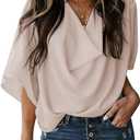 yoeasy Women's Loose Draped Cowl Neck Short Sleeve Chiffon Blouse Solid Casual Elegant Top (XXL)