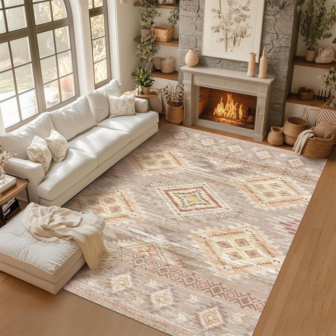 Washable Boho Area Rug 8'10' Western Khaki Brown Yellow Geometry Boho Large Living Room Rug Floral Non-Slip Colorful Indoor Decor Soft Oriental Vintage Bedroom Carpet Dining Room Nursery Home Office (Cream/Camel)