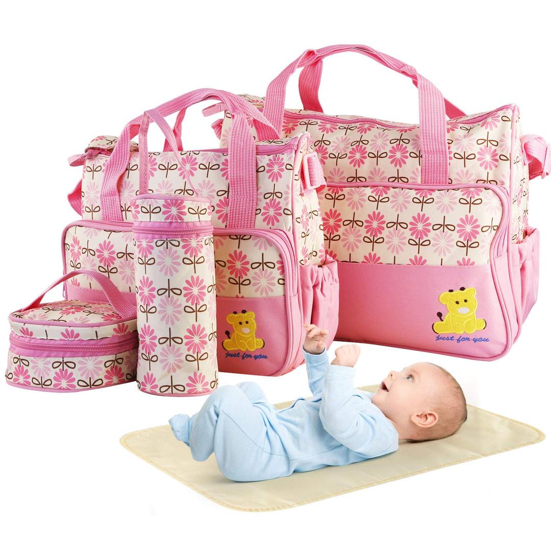 Moclever 5PCS Diaper Bag Tote Set for Baby Essentials  Large Baby Bags for Mom, Waterproof Maternity Bags with Bottle Bag, Food Bag & Changing Pad (Pink)