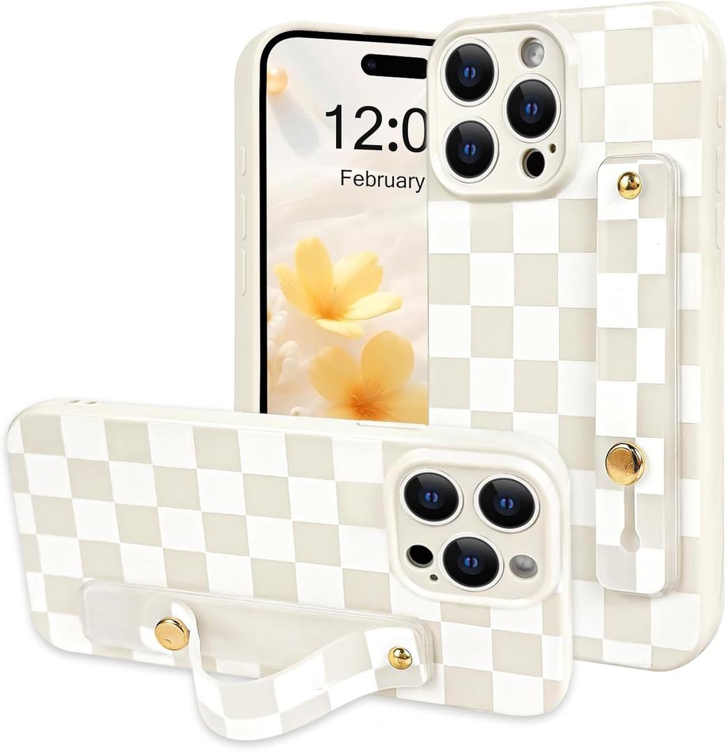 NITITOP Compatible with iPhone 15 Pro Case with Wrist Strap Kickstand Cute Trendy Checkerboard Plaid for Women Girls Slim Fit TPU Silicone Shockproof Full Camera Protective Cover - White