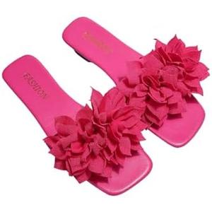 BEAUDRM Women's 3D Floral Flat Sandals Dressy Square Open Toe Sandals Single Band Casual Slip on Slides, Size 43