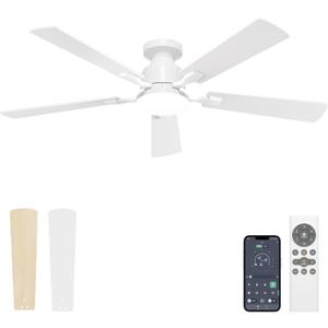 VOLISUN 52 Inch Ceiling Fan with Lights Flush Mount, Low Profile Ceiling Fans with Lights, Remote&APP Control,Dimmable 22W LED Light,Queit&Reversible Fan, White Ceilings Fans for Bedroom, Living Room