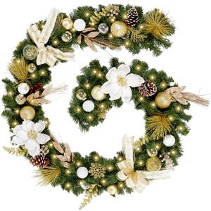 WBHome Pre-lit 9 Feet/108 Inch Christmas Garland, White & Gold Lighted Garland with 50 LED Lights for Indoor Outdoor Xmas Decor Holiday Decorations, Battery Operated (Batteries NOT Included)