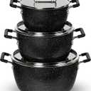 Granitestone Black Pots and Pans Set Nonstick, 6 Stackable Piece Cooking Pots Set, Kitchen Pots, Non Stick Coating, 5qt 3qt & 1.5qt Pots with Lids, Stay Cool Handles Dishwasher Safe 100% Toxin Free