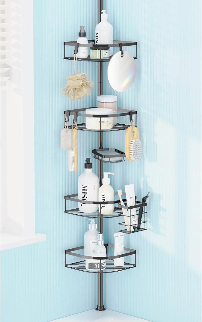Shower Caddy Tension Pole, 4-Tier Adjustable Corner Shower Standing Caddy, Rustproof Rack for Bathroom Bathtub, with 4 Shelves, No Drilling Corner Bathroom Shelf for Inside (Black)