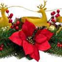 Lnymura Christmas Poinsettia Candle Holder Table Centerpiece with Metal Deer Reindeers Figurine Silhouette Red Berries and Pine Needles for Home Party Table Mantel Christmas Decorations