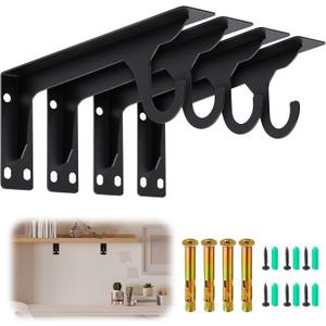 4 Pcs Wall Mounted Closet Rod Brackets Heavy Duty 11.18 Inch Closet Shelf Brackets with Rod Holder Support 400 Lbs for Curtain Wardrobe Shop (Black)