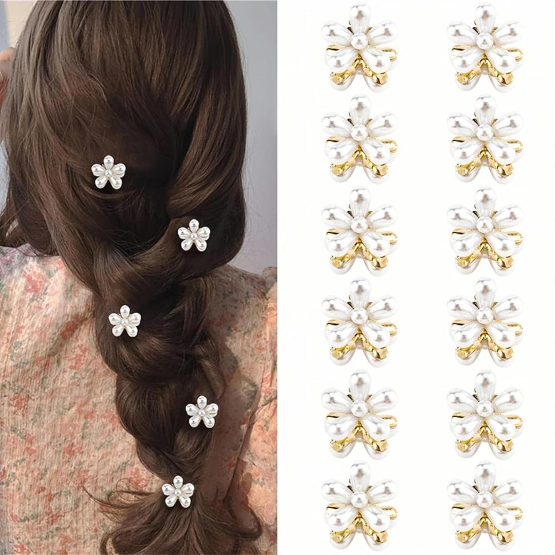 12pcs Small Mini Pearl Claw Clips with Flower Design, Sweet Nonslip Bangs Clips Decorative Hair Accessories for Women Girls