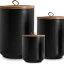Black Ceramic Canister Set with Wooden Lid, 3-Piece Food Storage Jars for Kitchen Counter, Storage Container for Coffee, Tea, Spice, Sugar, Grains, Salt