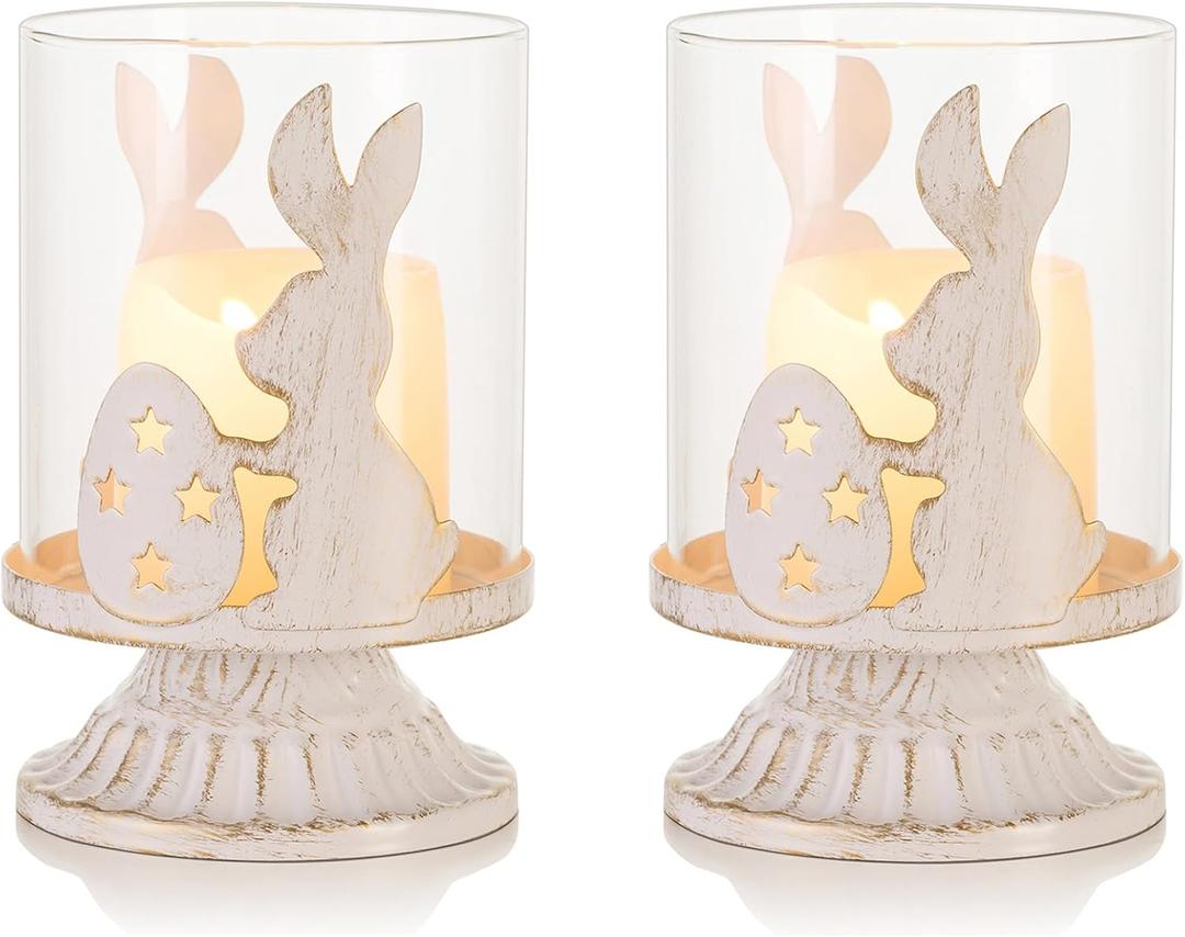 Sziqiqi Pillar Candle Holders for Easter - Bunny Decorations for Tealights Rabbit Candle Holder for Table Centerpieces Distressed White Easter Gifts for Family Party Events