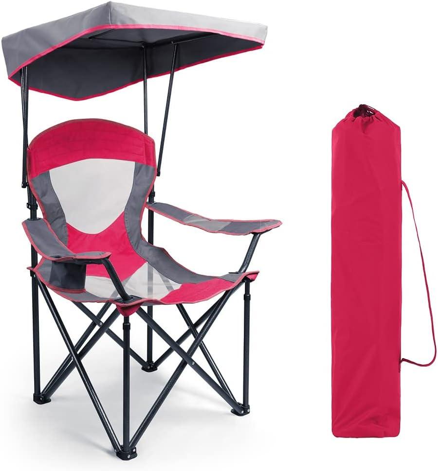 Camping Chairs with Shade, Heavy Duty Canopy Lounge Chair Sunshade Hiking Travel Chair with Cup Holder for Outdoor, Camping, Beach and Patio, Red (Single Pack)