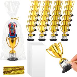 Novabright 24 Set Mini Trophies Bulk Race Car Party Favor Gifts Checkered 3.7 Inch Plastic Gold Trophies Cups for Racing Car Theme Birthday Party Supplies Gifts Rewards Sports Tournament Winning Prize