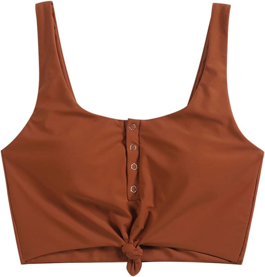 ZAFUL Women's Front Knot Bikini Tops Crop Tankini Top Scoop Neck Padded Bathing Suit Tops (X-Large, 0-brown)