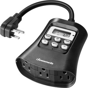 DEWENWILS Outdoor Digital Timer for Lights, 7-Day Programmable Plug in Timer with 3 Grounded Outlets for Christmas Landscape String Light, 15A, 1/3 HP UL Listed